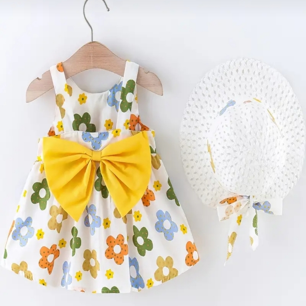 2pcs Infant Little Girls Sleeveless Dress Toddler Bow Detail and Matching Hat